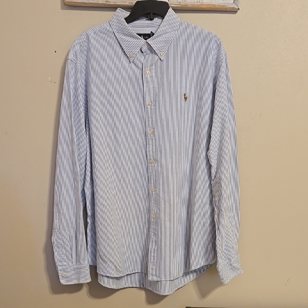 Men's Ralph Lauren Custom Fit White and Blue Pinstripe L/S Button Down Shirt